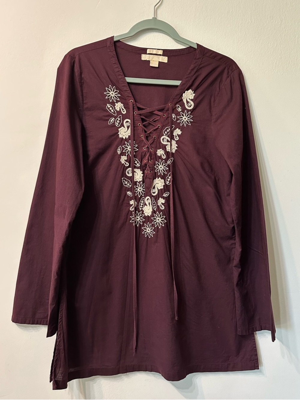 Old Navy Burgundy Embroidered Lace-Up Long Sleeve Tunic Blouse Women's L